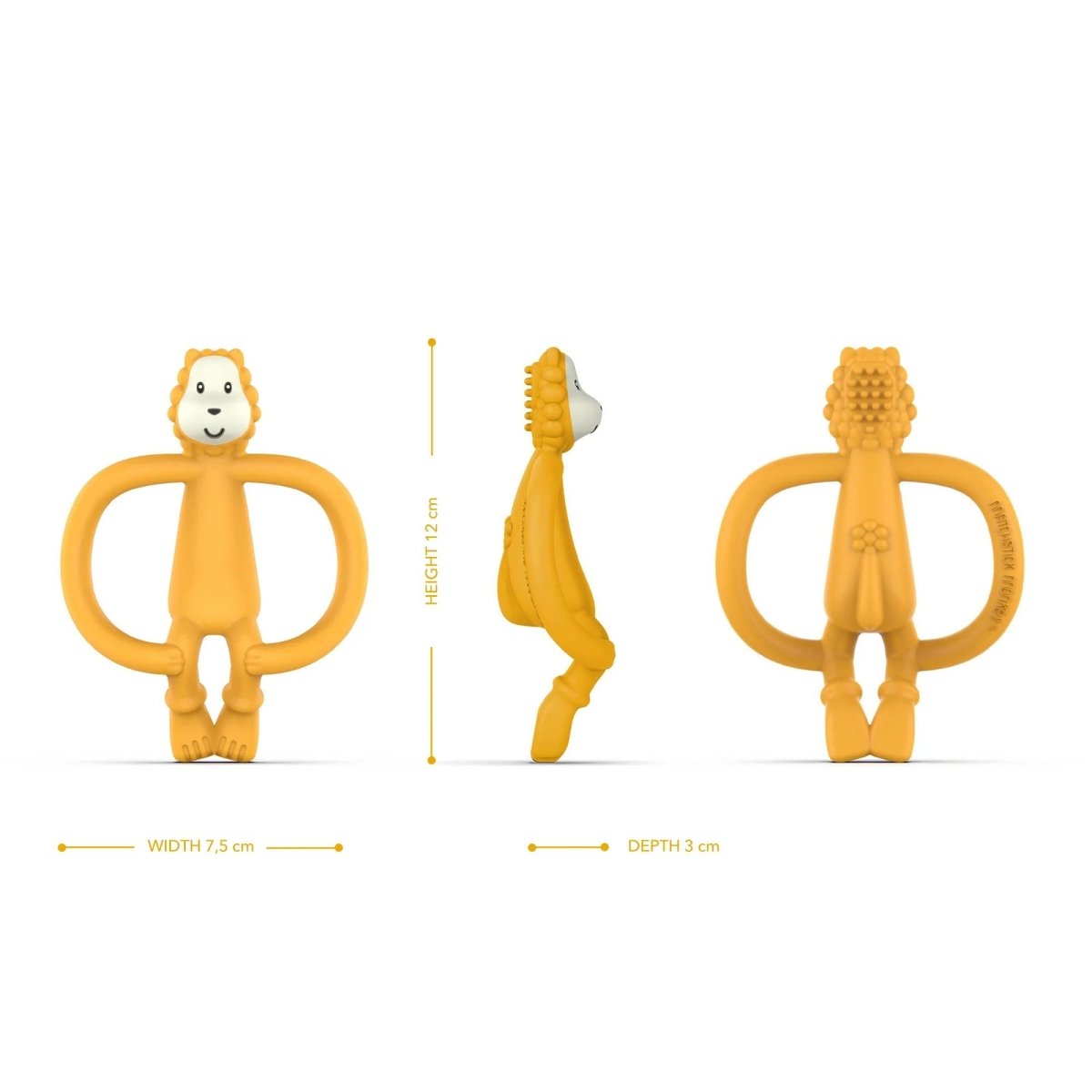 Yellow lion teether with handle loops, side view and dimensions
