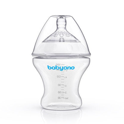 Anti-colic baby bottle in clear plastic with wide collar and measurement markings