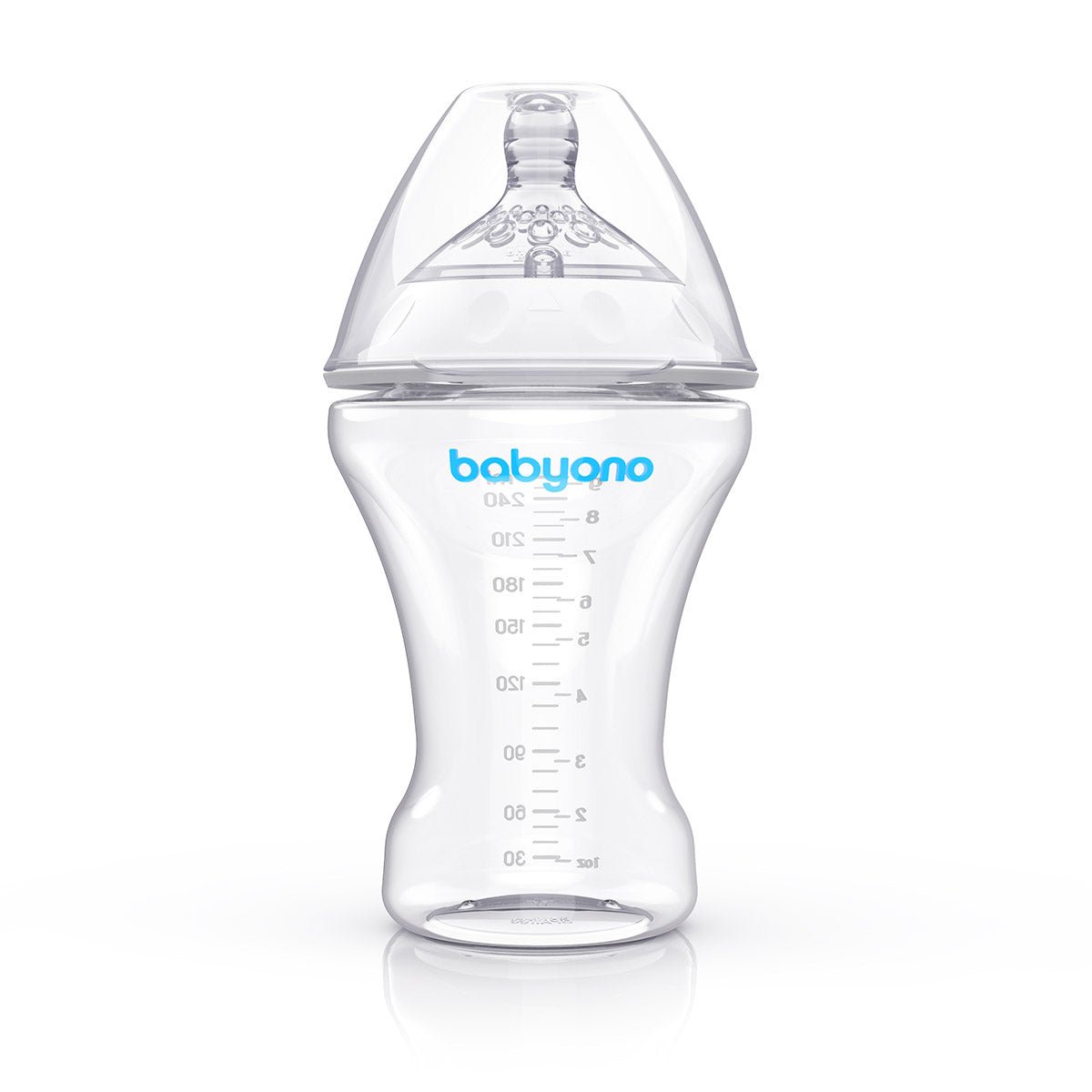 Anti-colic baby nursing bottle with clear silicone nipple, 180ml, graduated scale
