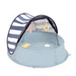 Light blue pop-up baby play tent with mesh sides and navy-and-white striped canopy