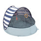 Light blue pop-up baby play tent with mesh door and navy-and-white striped canopy