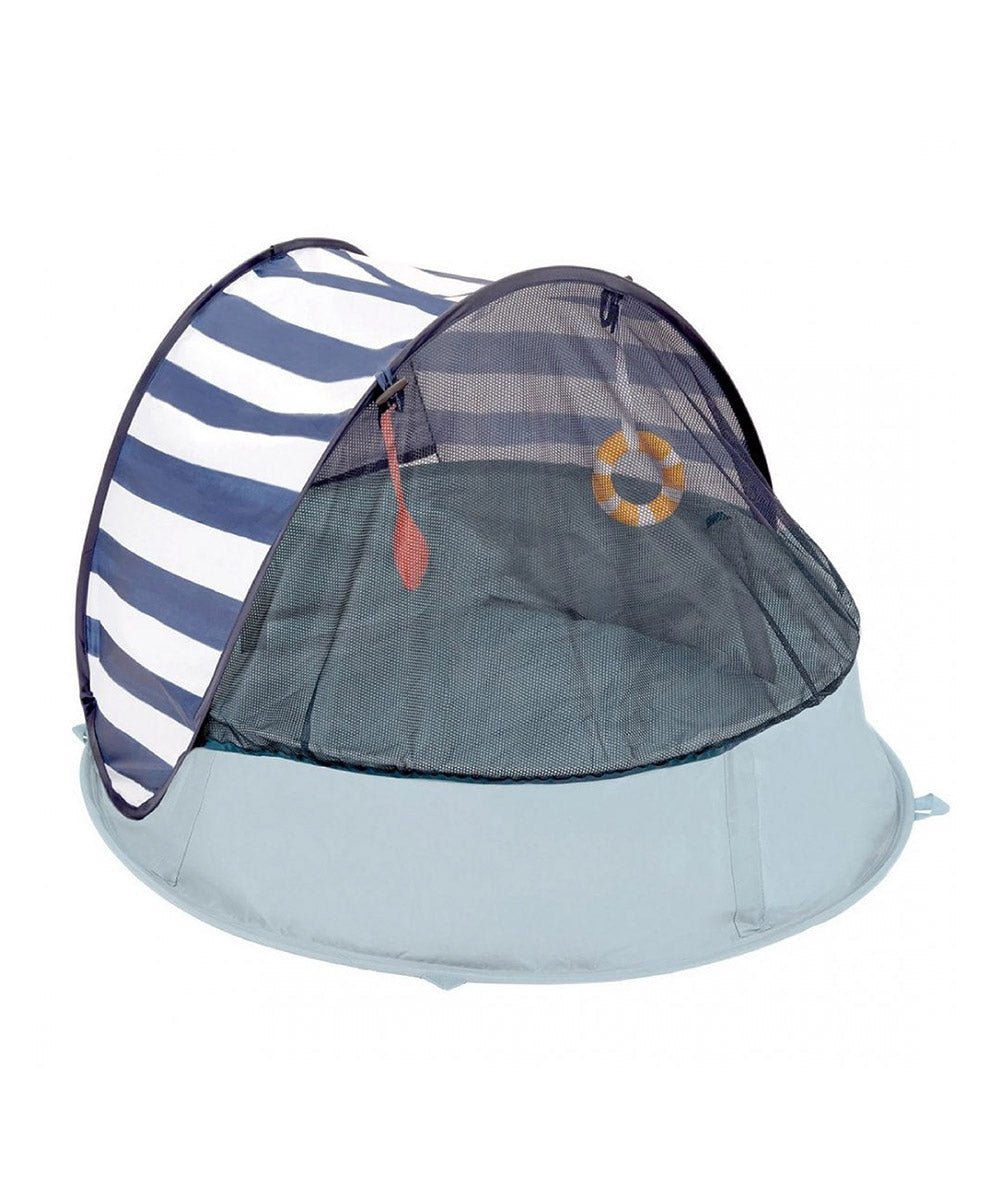 Light blue pop-up baby play tent with mesh door and navy-and-white striped canopy
