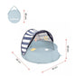Light blue pop-up baby play tent with striped canopy, mesh sides, and size diagram