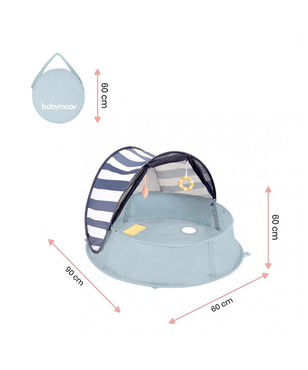 Light blue pop-up baby play tent with striped canopy, mesh sides, and size diagram