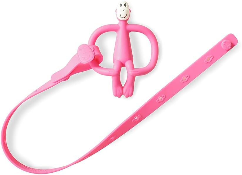 Pink silicone multi-use product holder strap with teether ring and clip