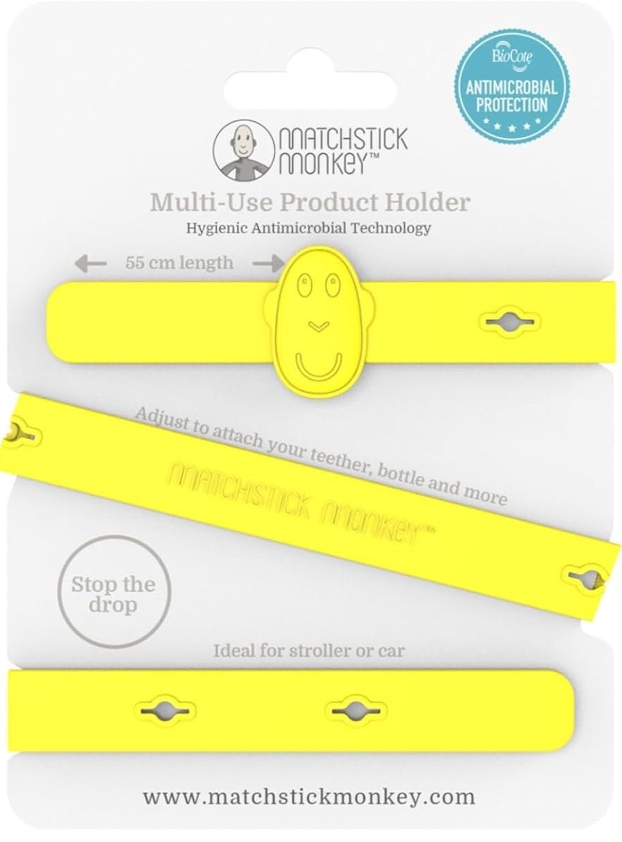 Yellow antimicrobial silicone multi-use holder strap with teether clip