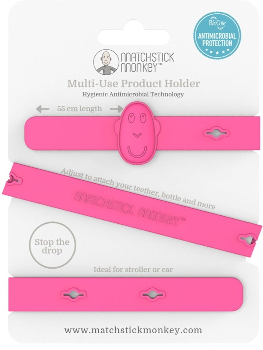 Pink antimicrobial silicone multi-use holder strap with teether clip