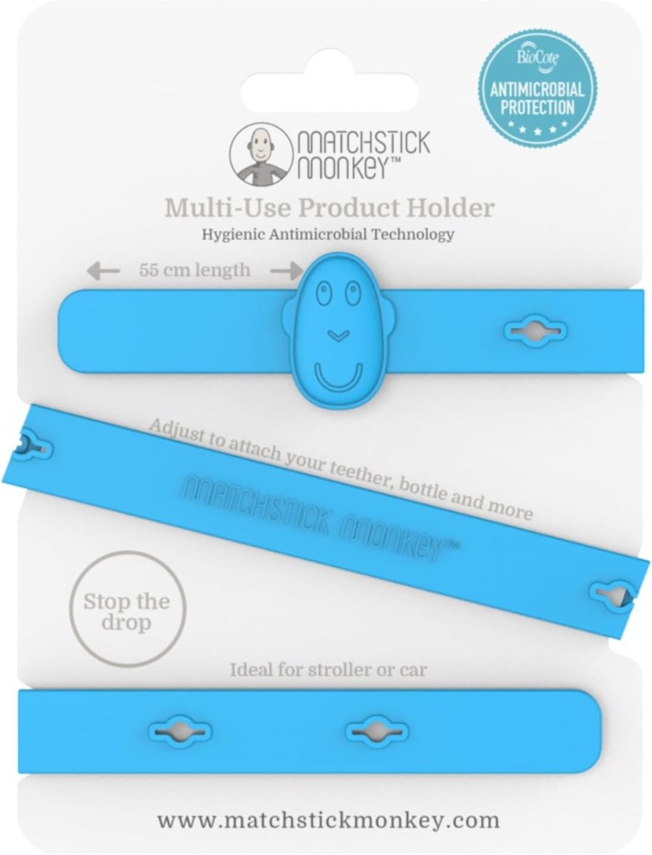 Blue antimicrobial silicone multi-use holder strap with teether clip