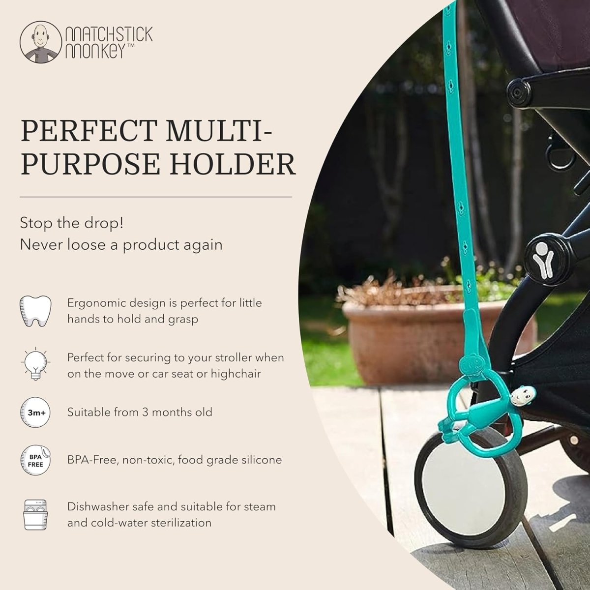Teal silicone holder strap with teether loop attached to stroller handle