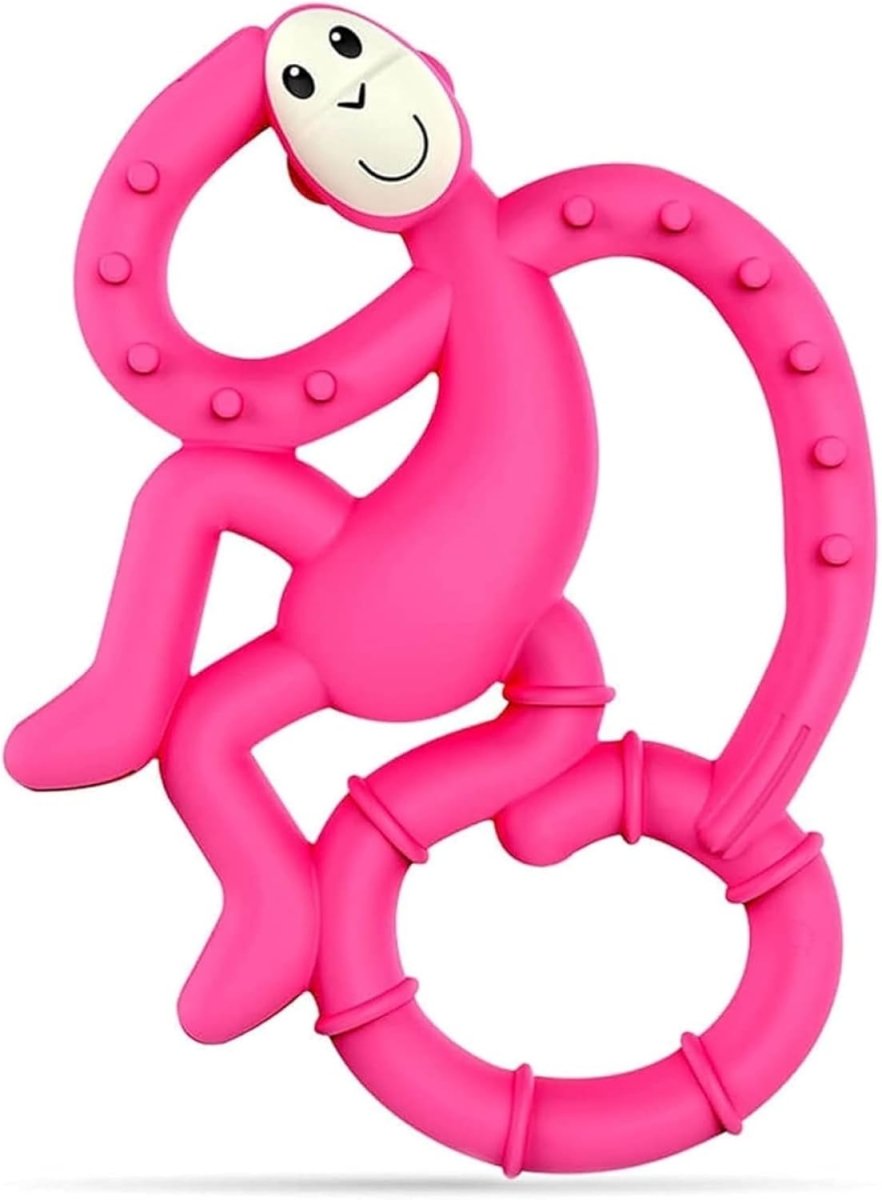 Pink silicone baby teether with a smiling character and two rounded grip rings