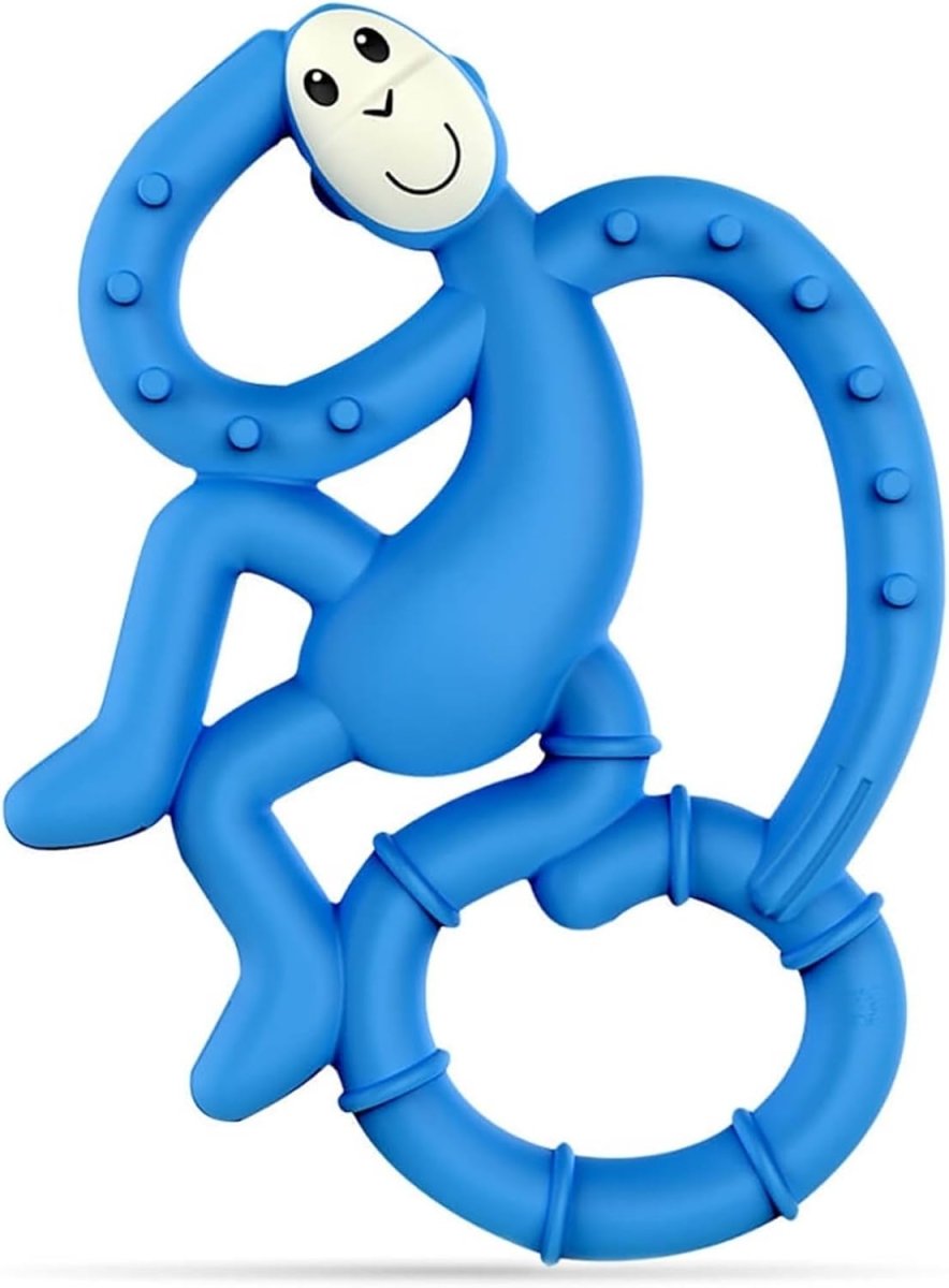 Blue silicone baby teether shaped like a smiling character with two ring grip handles