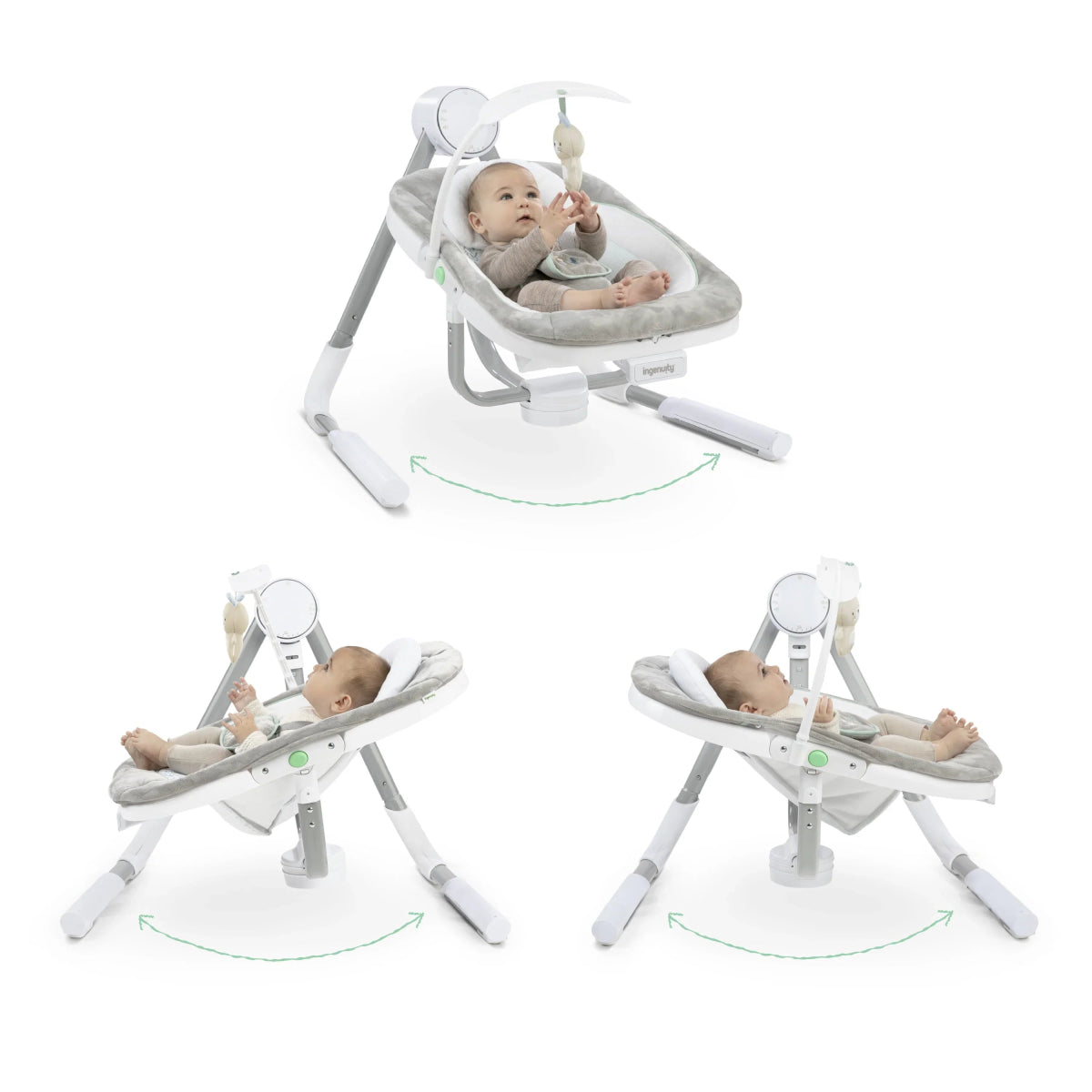 Portable baby swing with padded seat, toy arch, and multi-direction rocking legs