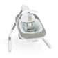 Baby swing with gray padded seat, plush toy arch, and reclining base legs