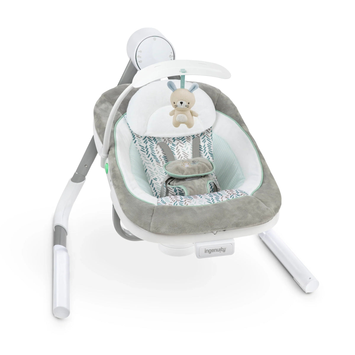 Baby swing with gray padded seat, plush toy arch, and reclining base legs