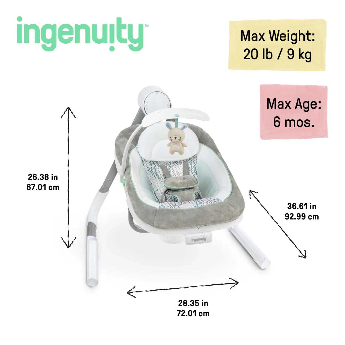 Ingenuity baby swing size diagram showing max weight and max age limits