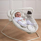 Baby swing bouncer with light gray fabric, arch frame, and hanging cloud toy