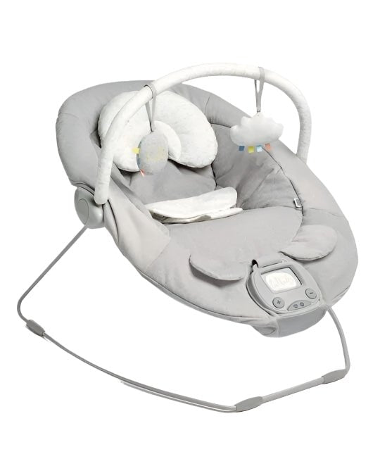 Pebble grey baby bouncer cradle with toy arch, plush headrest, and control panel