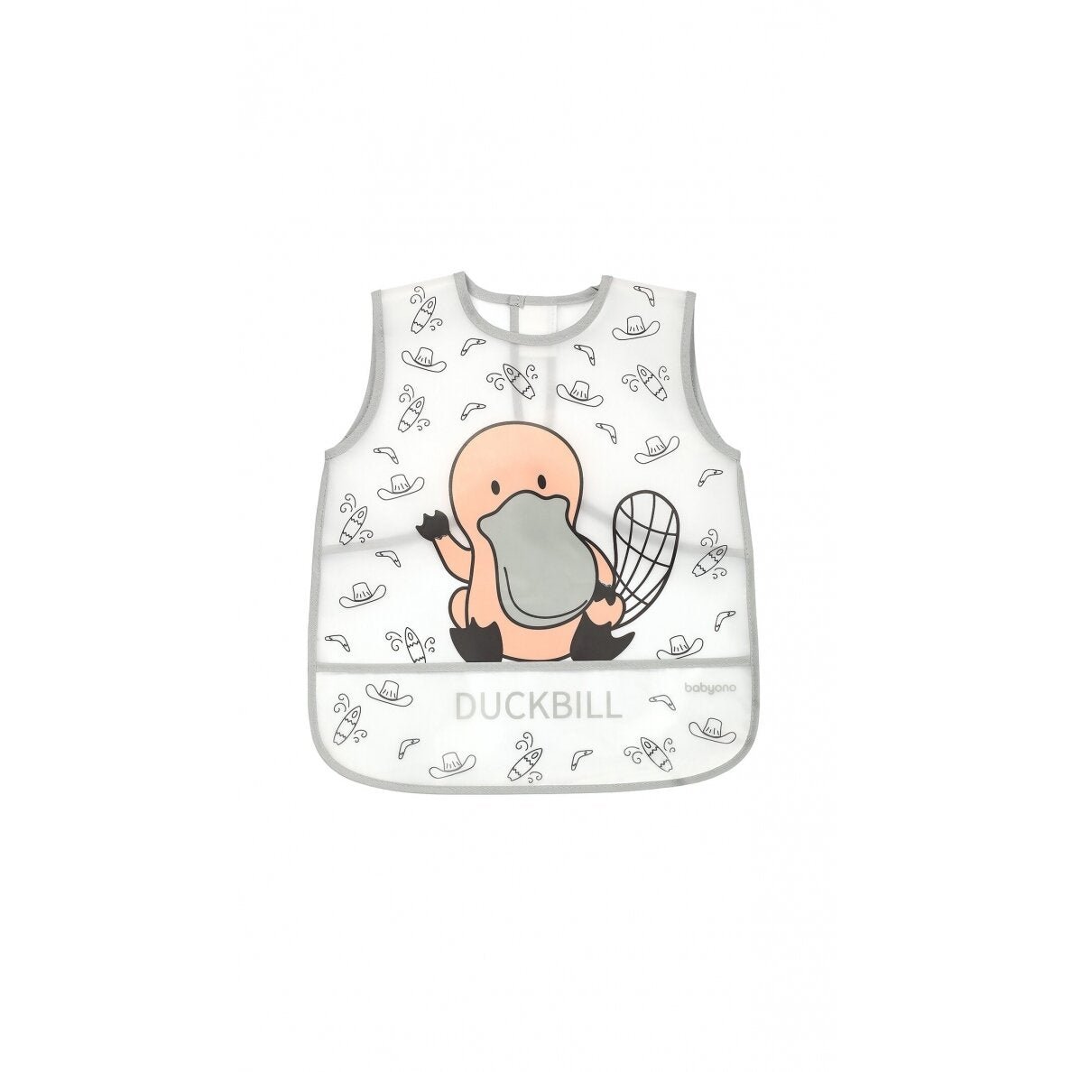 White baby apron bib with duckbill penguin graphic and doodle pattern, sleeveless
