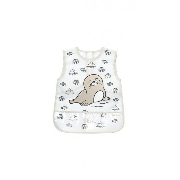 White baby apron bib with seal graphic and animal pattern, sleeveless