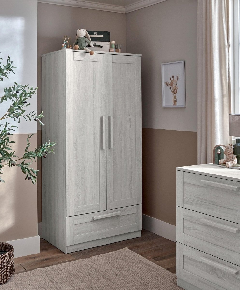 Two-door nursery wardrobe with storage drawer, light nimbus white, long vertical pulls
