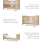 Light oak cotbed shown with multiple height views and toddler-bed layout