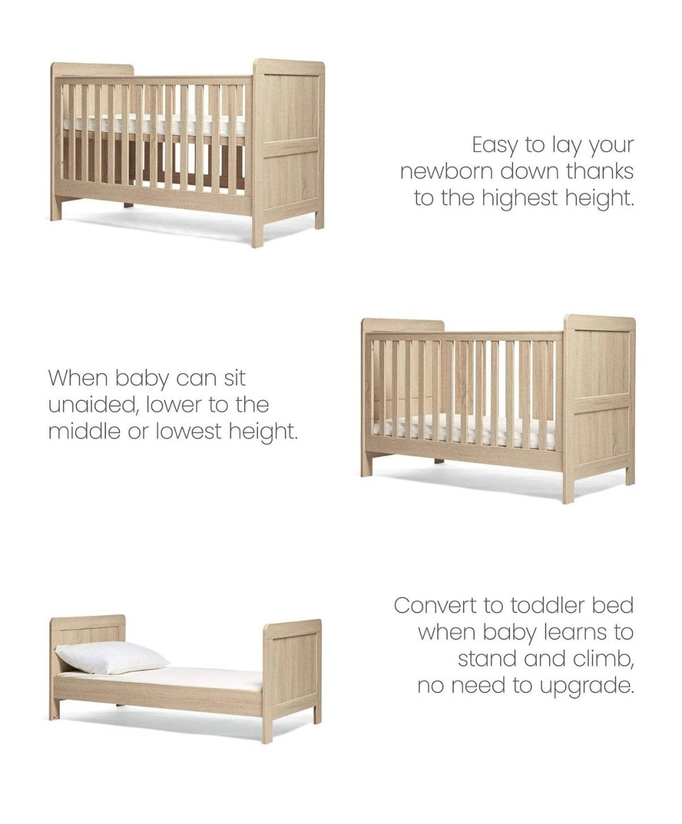 Light oak cotbed shown with multiple height views and toddler-bed layout