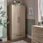 Light oak wardrobe cabinet with two doors, bottom drawer, vertical bar handles