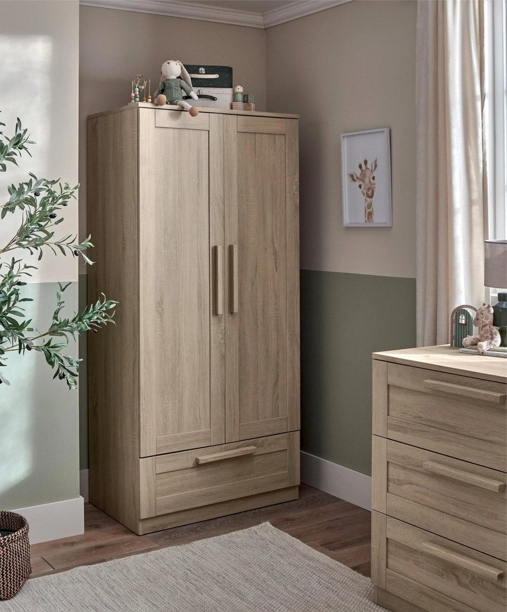 Light oak wardrobe cabinet with two doors, bottom drawer, vertical bar handles