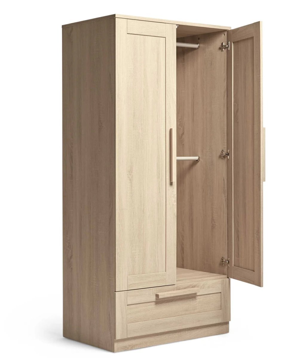 Light oak wardrobe with open interior, two doors, shelves, metal hinges and pulls