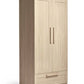 Light oak wardrobe cabinet with two doors and bottom drawer, vertical bar pulls