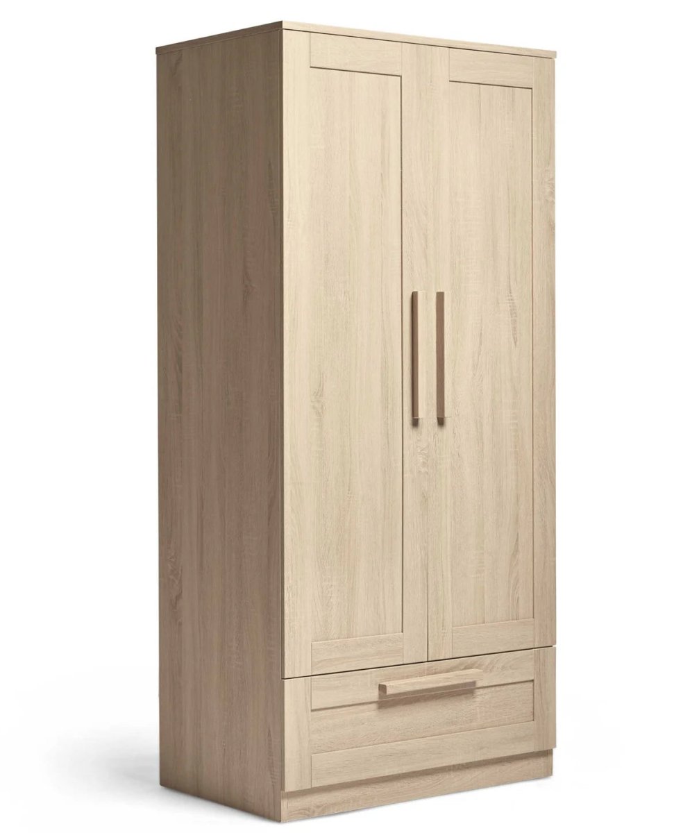 Light oak wardrobe cabinet with two doors and bottom drawer, vertical bar pulls