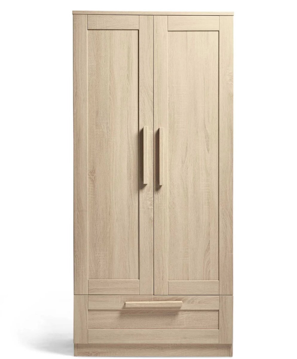 Light oak wardrobe cabinet with two doors and bottom drawer, recessed bar handles