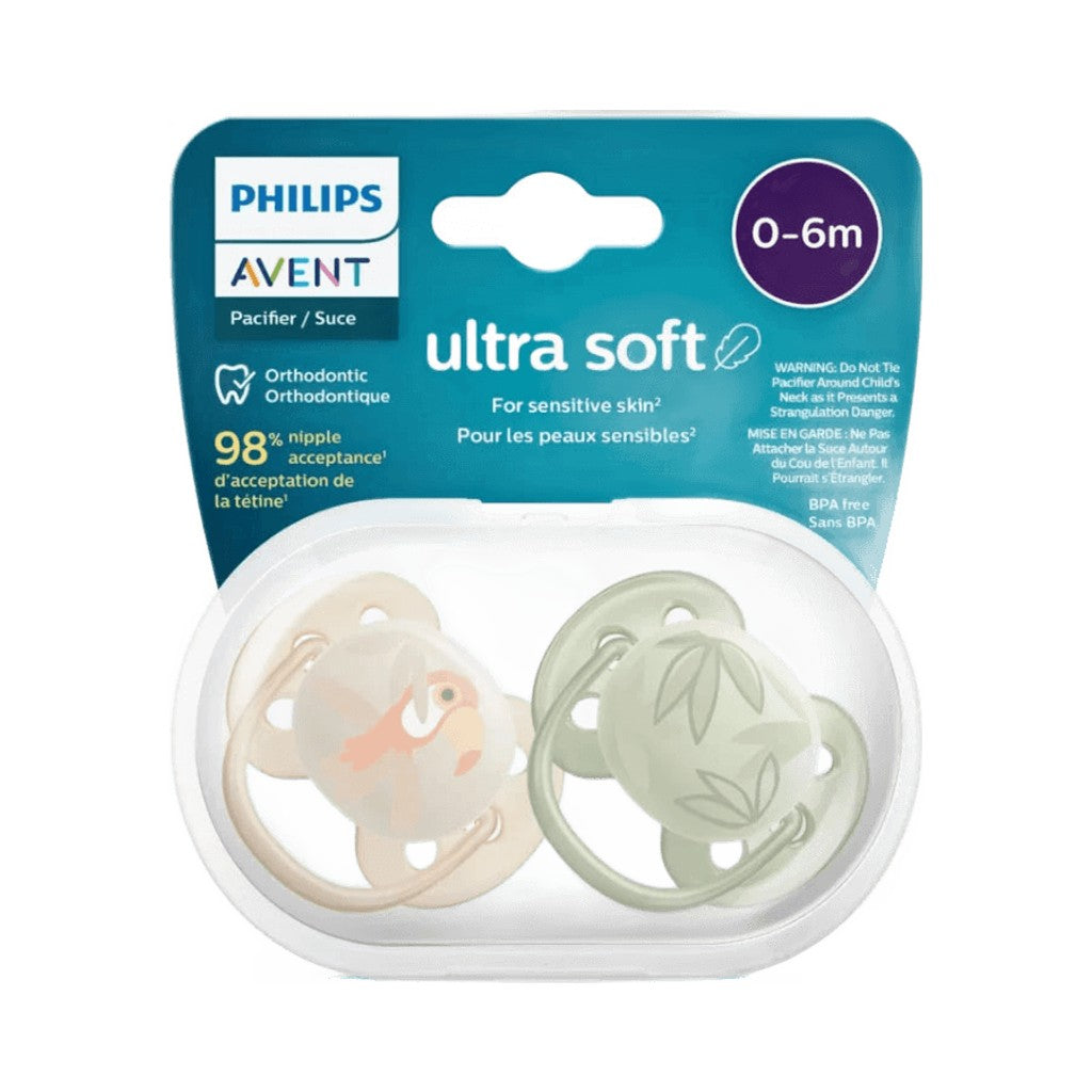 Ultra Soft soother set for boys, 0–6m, two orthodontic pacifiers in tan and green.