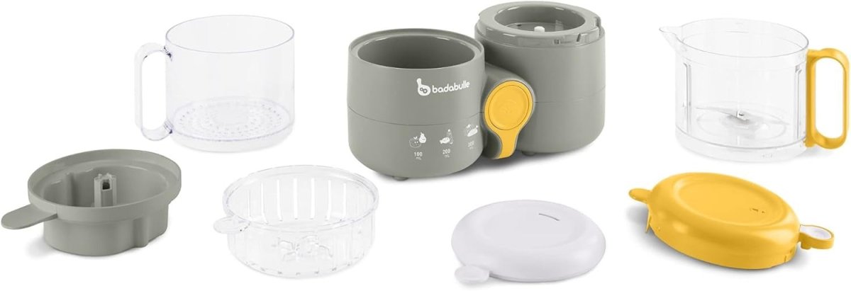 Baby food processor parts set with gray base, yellow lid, and clear containers