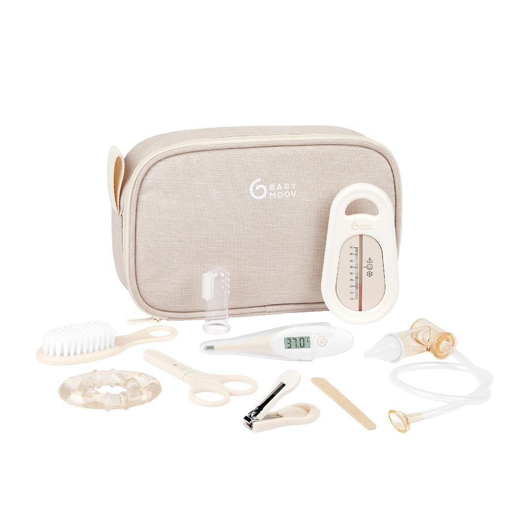 Sand baby grooming set case with brush, nail tools, thermometer, and accessories