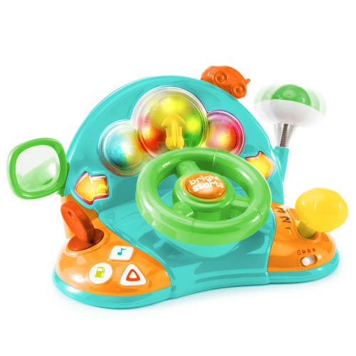 Turquoise baby steering wheel dashboard toy with colorful lights, buttons, and knobs