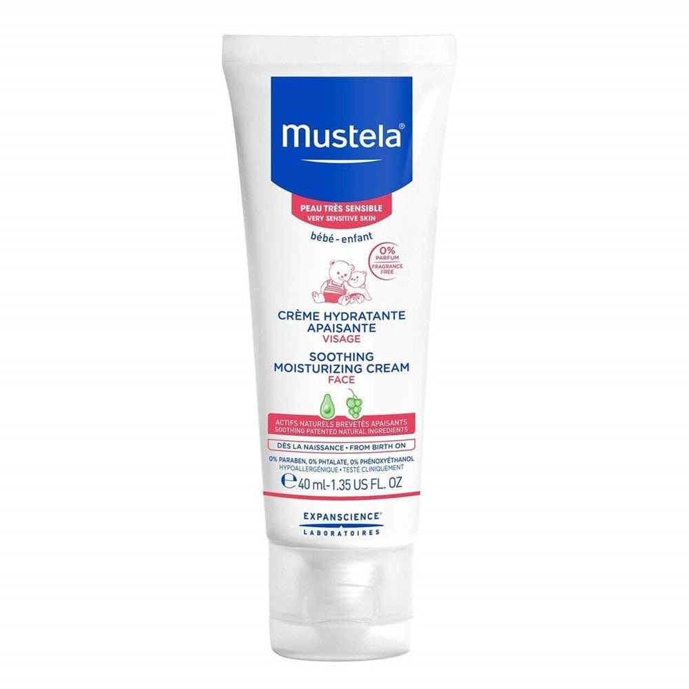 Mustela baby soothing face cream, white squeeze tube container