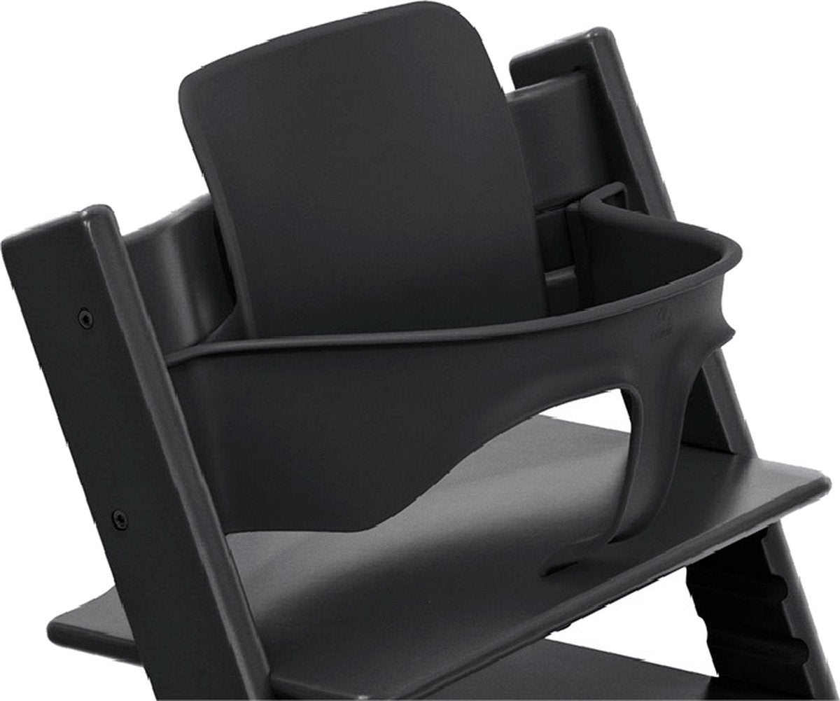 Black baby high chair set close-up with seat and back cushion