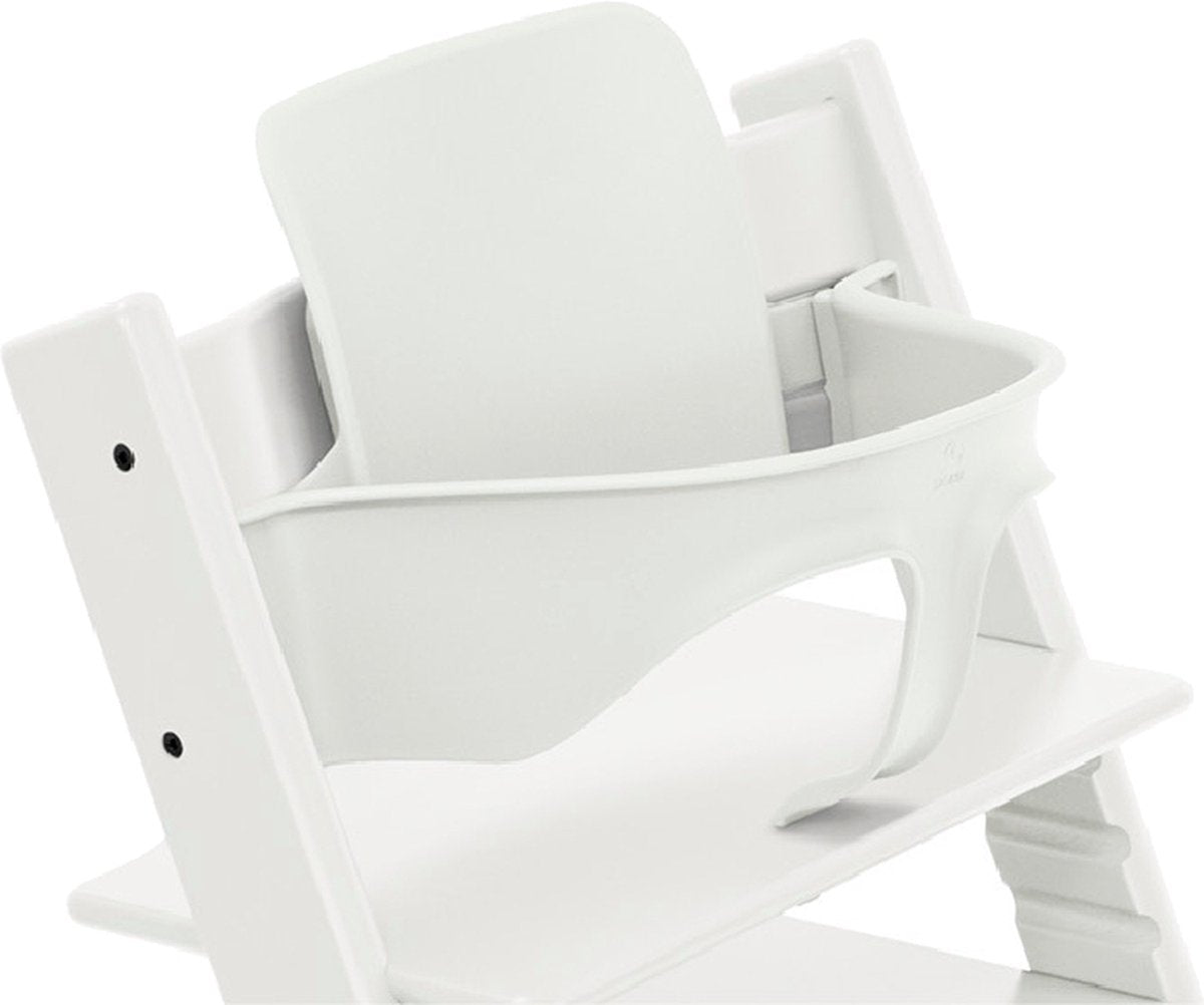 White baby high chair set close-up showing seat and back cushion