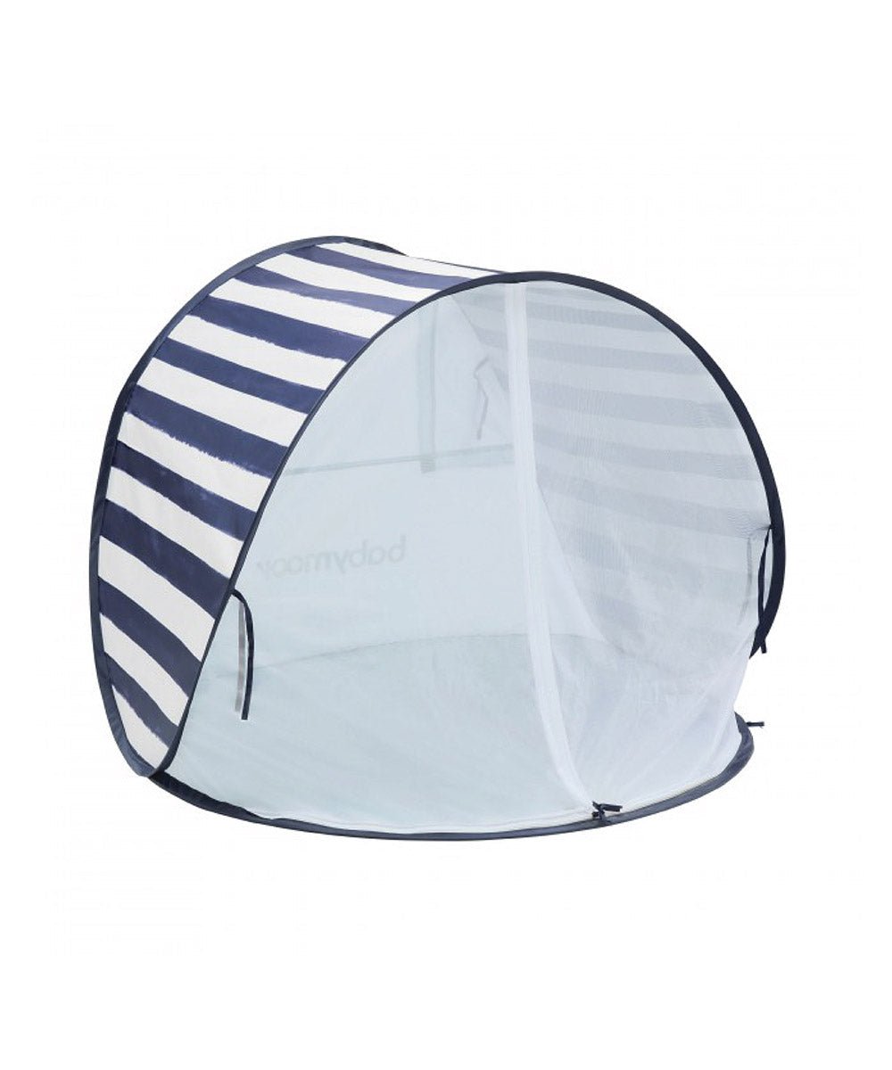 Striped pop-up baby tent with mesh side window and open entrance