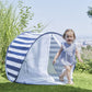 Striped pop-up baby tent with mesh front and side walls