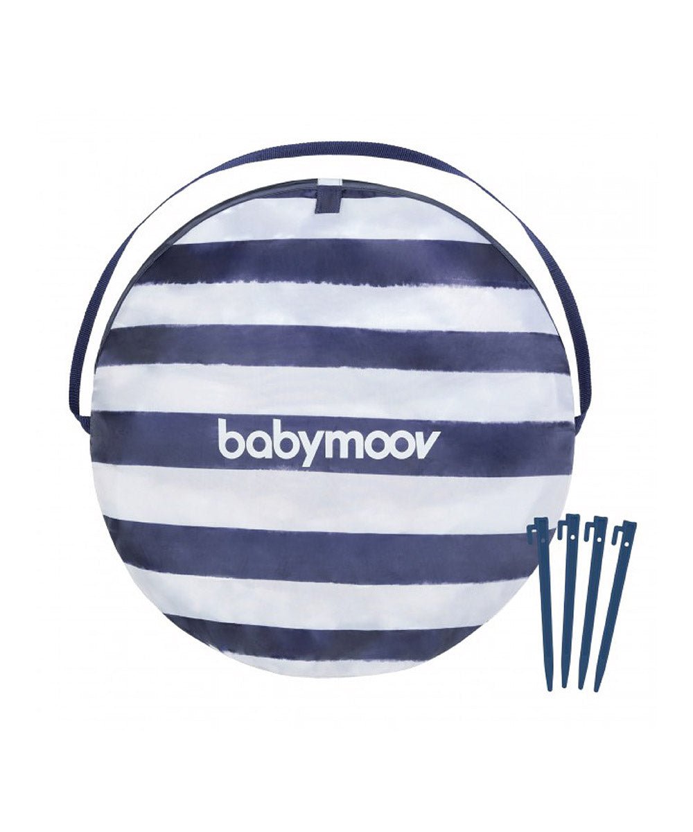 Striped storage bag for baby tent with babymoov logo and draw cords