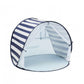 Striped pop-up baby tent with open front and light gray mesh panels