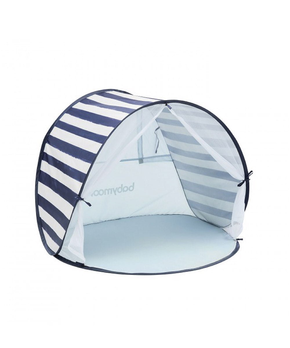 Striped pop-up baby tent with open front and light gray mesh panels