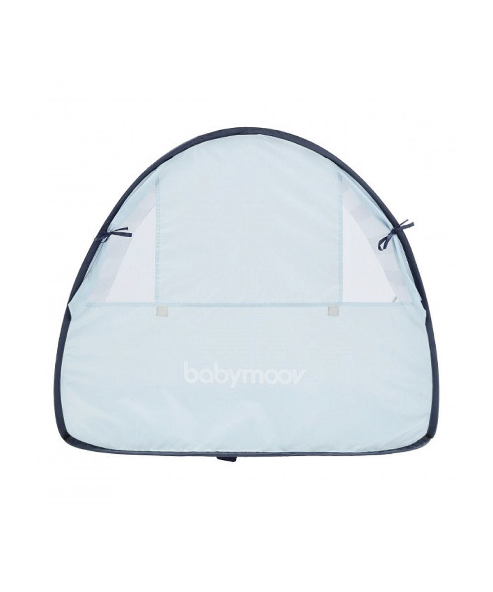 Pop-up baby tent with clear mesh front panel and dark blue trim
