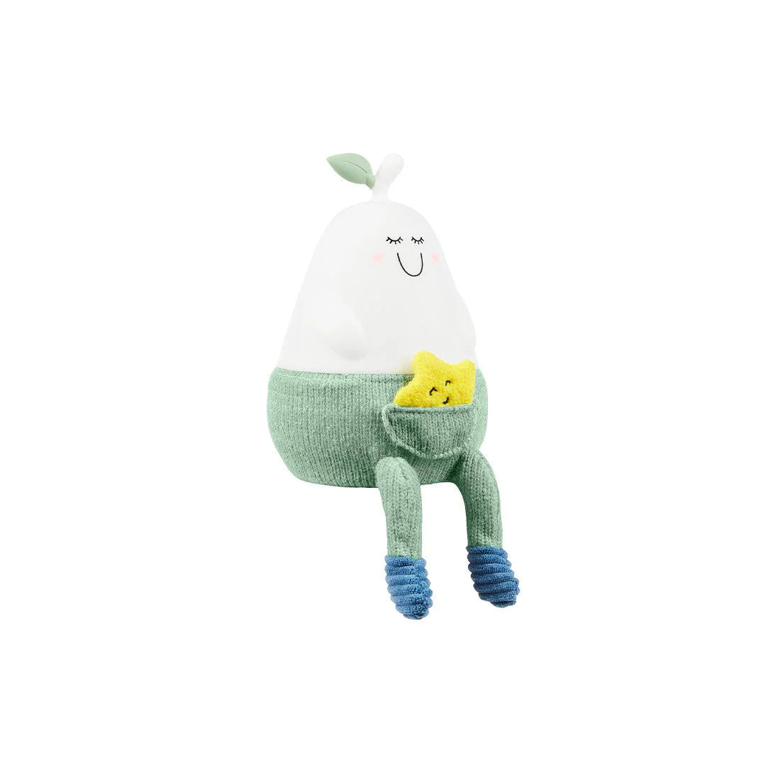 Pear-shaped silicone nightlight with white head, green knit legs and yellow chick