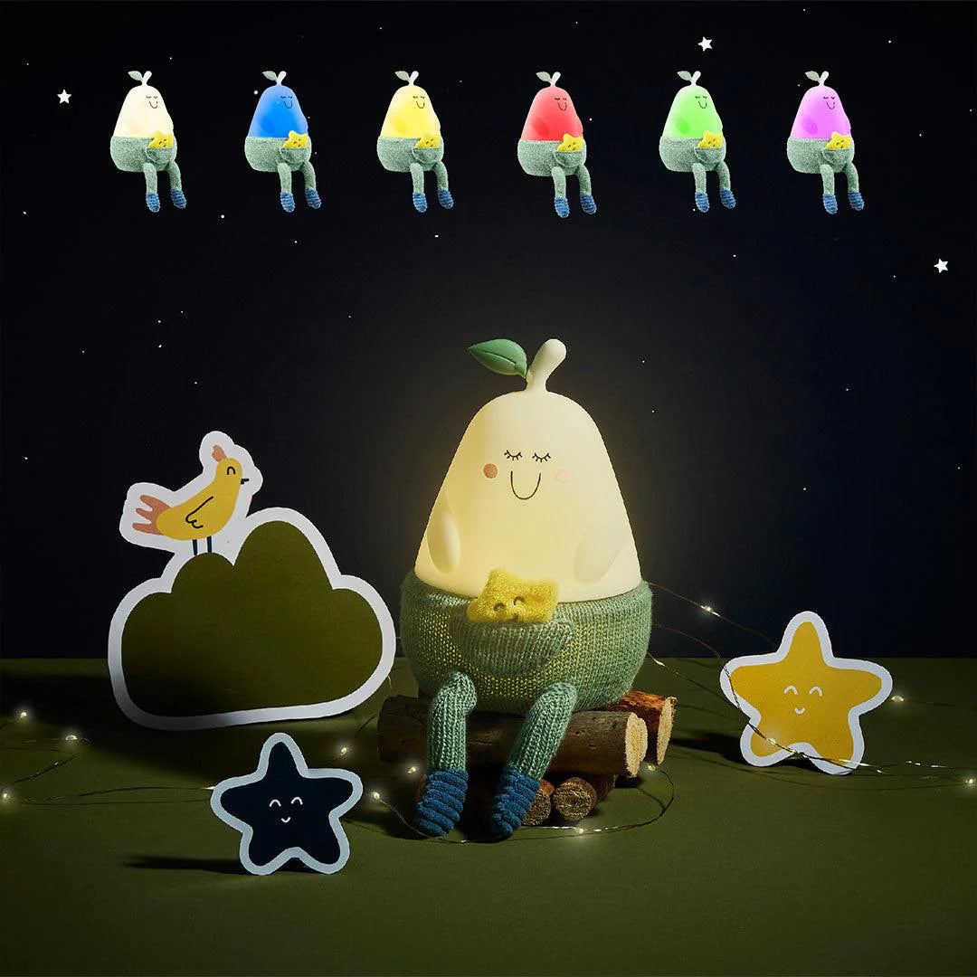 Silicone nightlight with pear-shaped character, white face and green knitted outfit