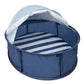 Navy baby pop-up play tent with blue-and-white striped floor and open canopy
