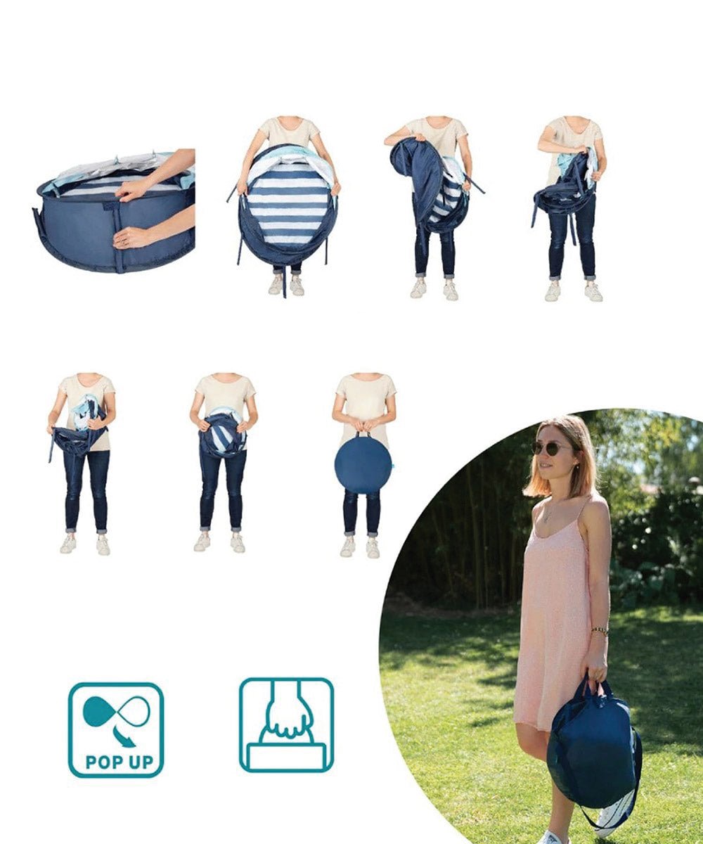 Navy baby pop-up play tent with mesh canopy shown in use