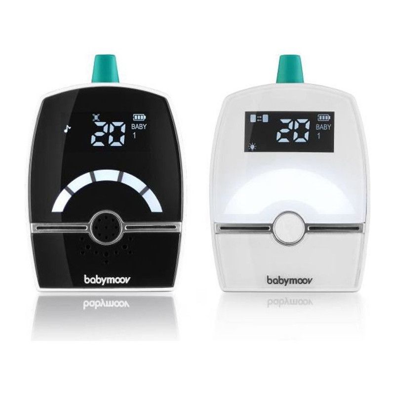Babyphone monitor units (black and white) with LCD screens and teal antenna